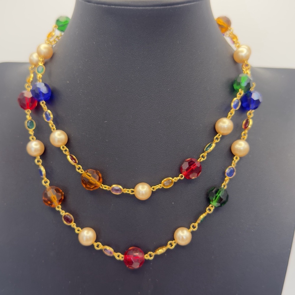 Joan Rivers Crystal Open Bezel Necklace Multi Color Faceted Glass Gold Tone 37"